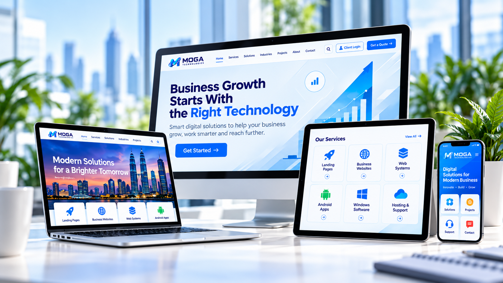 MOGA Technologies digital business solutions displayed on desktop, laptop, tablet and phone